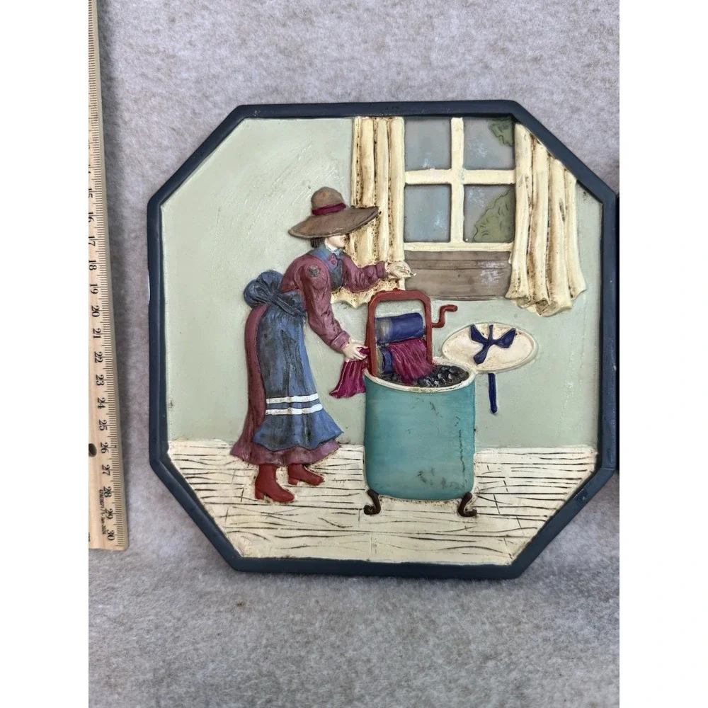 3D Ceramic Wall Pictures Laundry Lady 3-Picture‎ Scenes Washing Hanging Drying